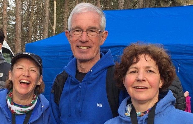 Julia Greenlees, Iain Thomson and NIcola Watson at the finish of the Hoka Highland Fling
